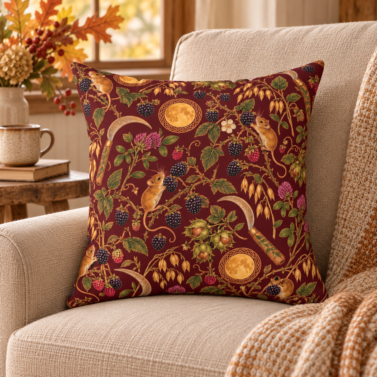 Lughnasadh Harvest Mouse Faux Suede Pillow – Blackberry & Moon Pagan Decor