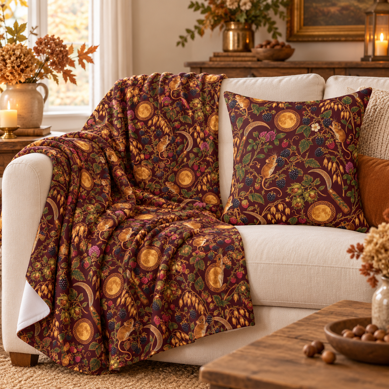 Lughnasadh Harvest Mouse Faux Suede Pillow – Blackberry & Moon Pagan Decor