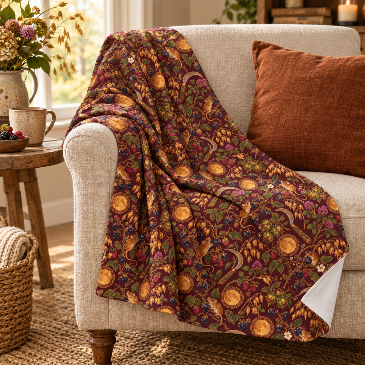 Lughnasadh Harvest Mouse Velveteen Plush Blanket – Lightweight Blackberry & Moon Throw - Divine Mystic Moons