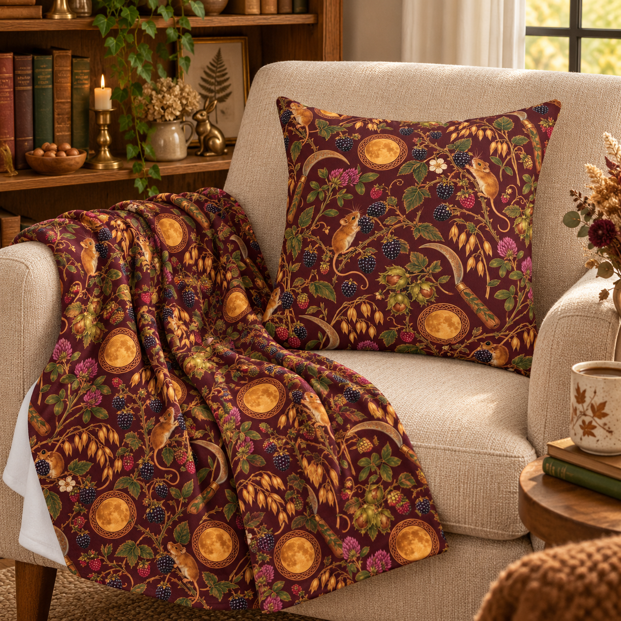 Lughnasadh Harvest Mouse Velveteen Plush Blanket – Lightweight Blackberry & Moon Throw - Divine Mystic Moons