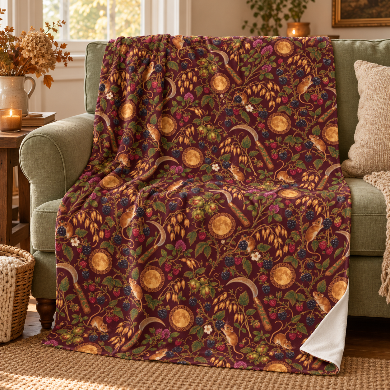 Lughnasadh Harvest Mouse Velveteen Plush Blanket – Lightweight Blackberry & Moon Throw - Divine Mystic Moons