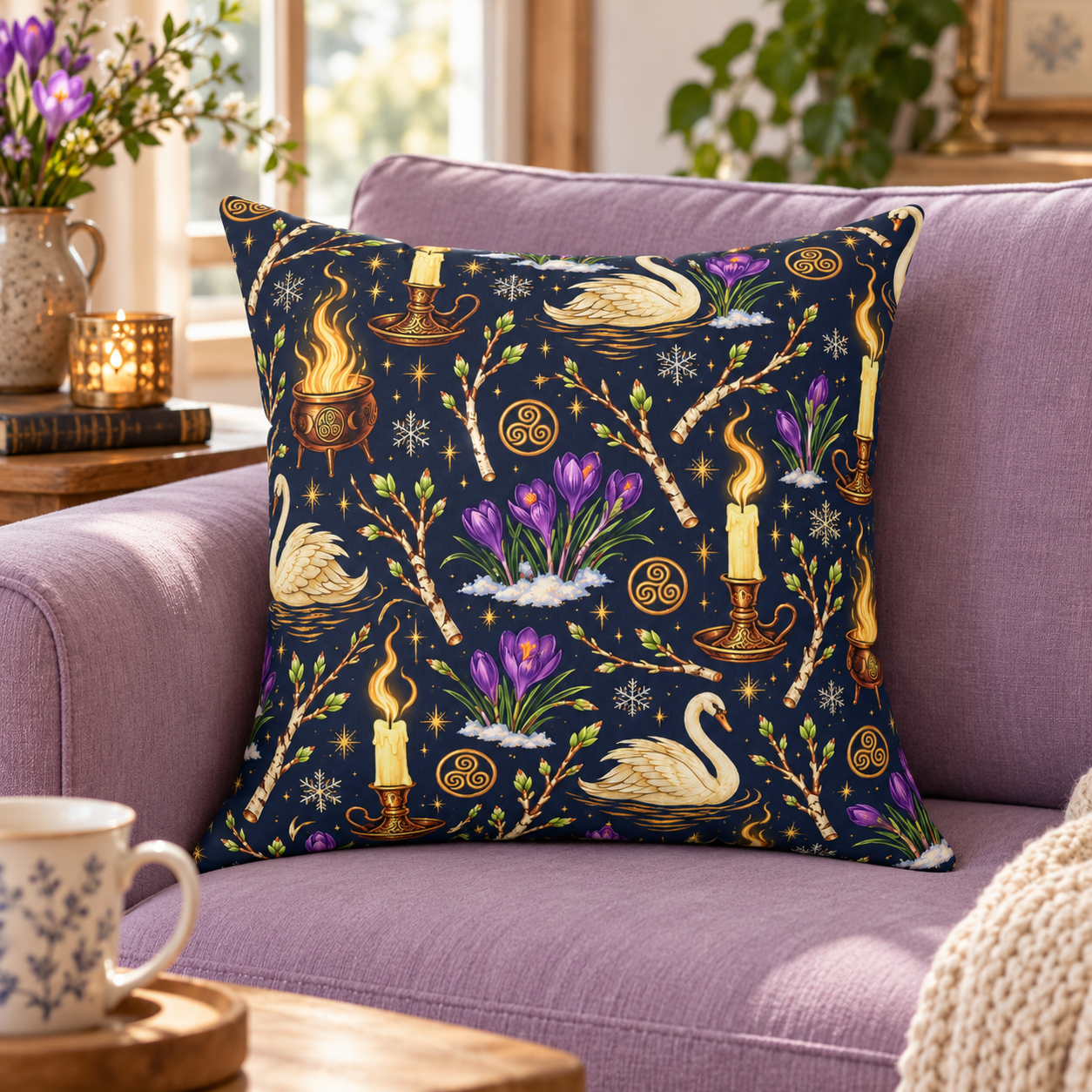 Imbolc Swan & Crocus Faux Suede Pillow – Candlelit Pagan Spring Decor