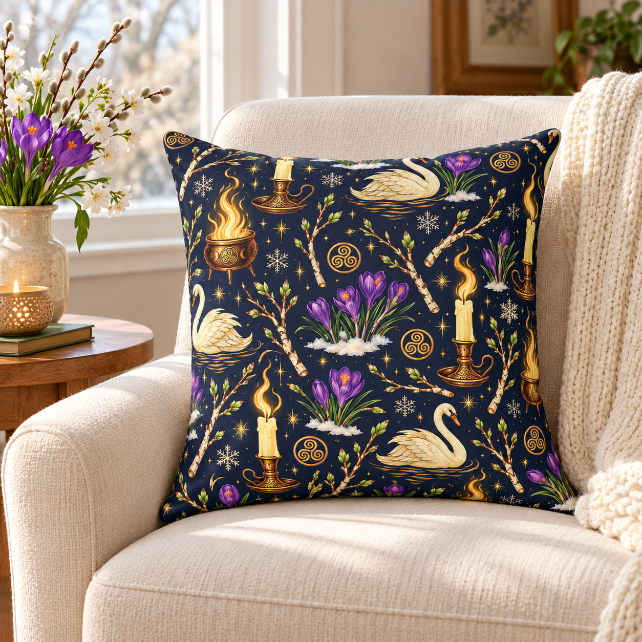 Imbolc Swan & Crocus Faux Suede Pillow – Candlelit Pagan Spring Decor