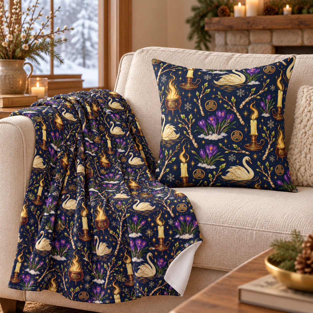 Imbolc Swan & Crocus Faux Suede Pillow – Candlelit Pagan Spring Decor