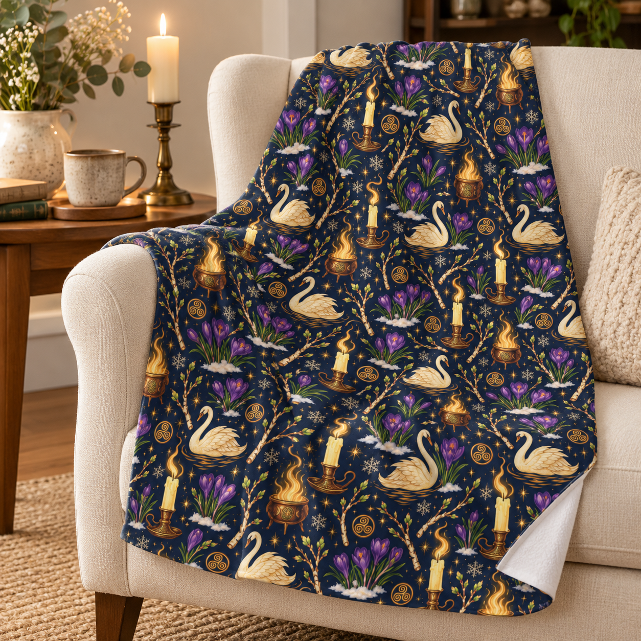 Imbolc Swan & Crocus Velveteen Plush Blanket – Lightweight Candlelit Pagan Throw - Divine Mystic Moons