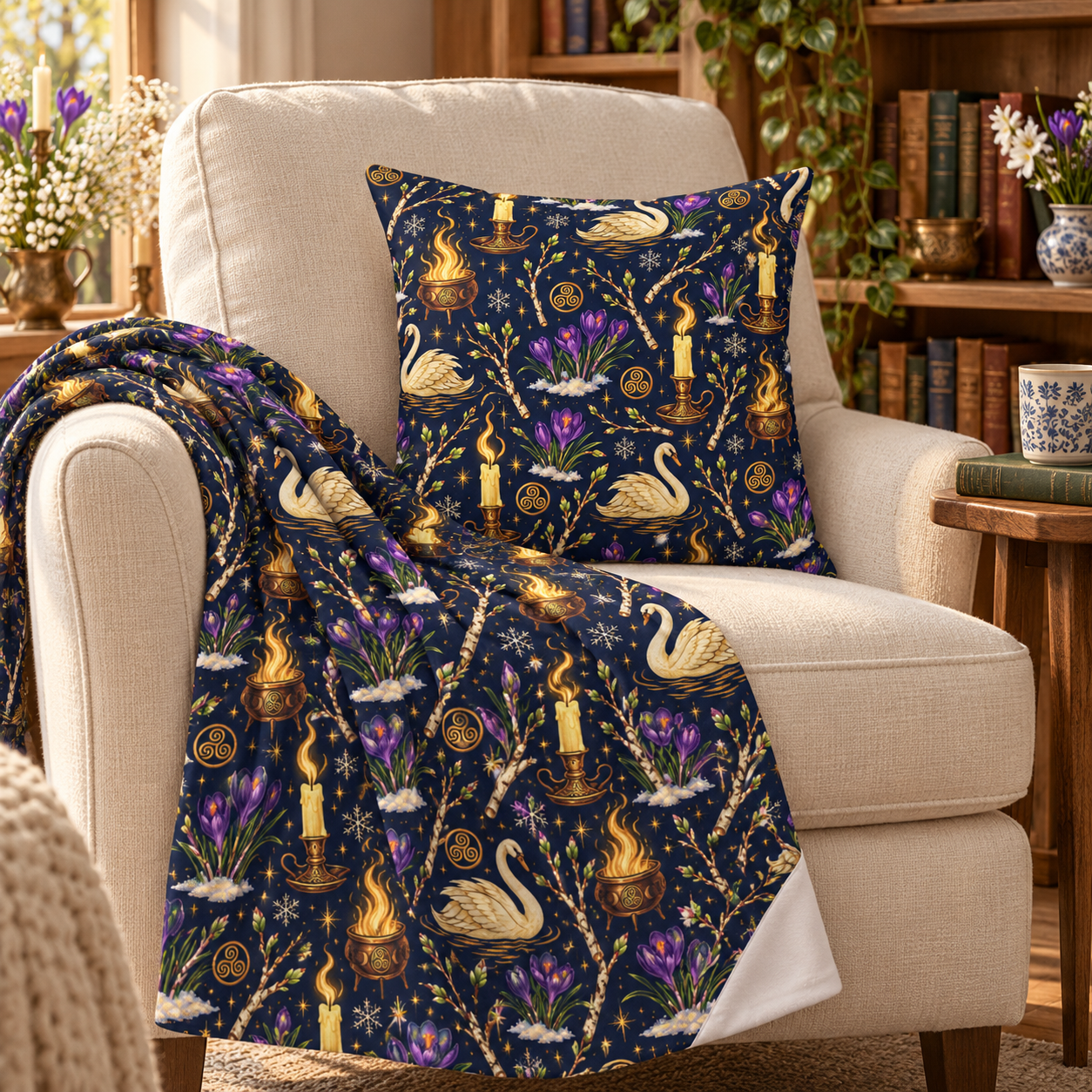 Imbolc Swan & Crocus Velveteen Plush Blanket – Lightweight Candlelit Pagan Throw - Divine Mystic Moons
