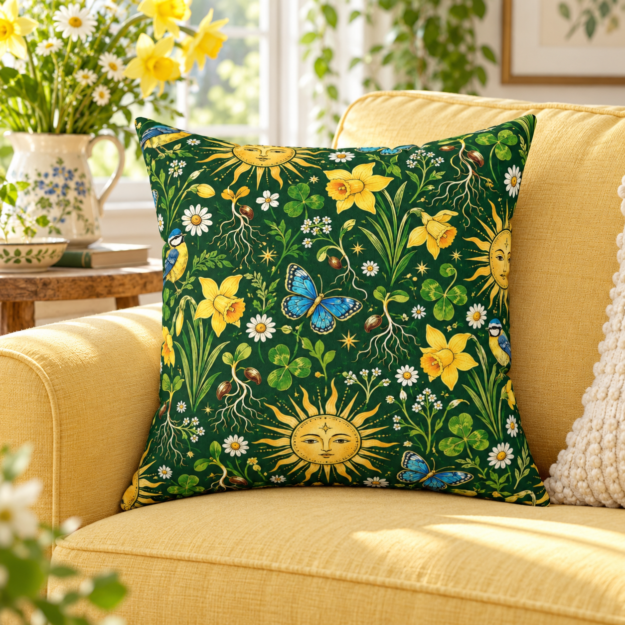 Ostara Sun & Daffodil Faux Suede Pillow – Green Witch Spring Decor