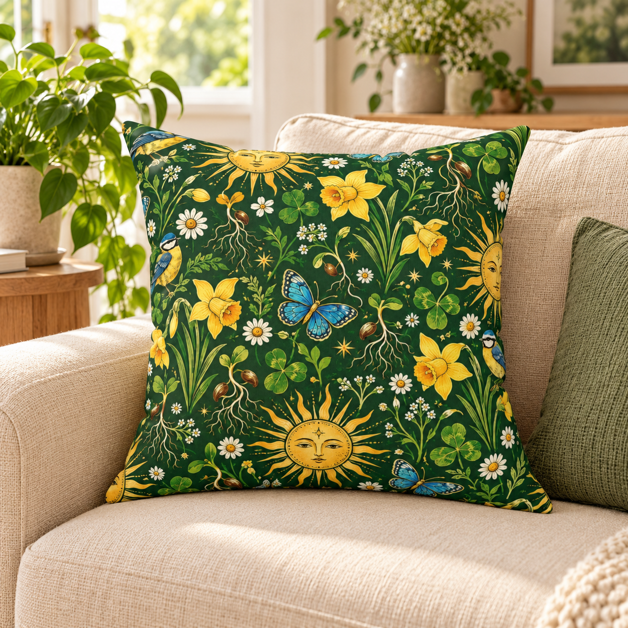 Ostara Sun & Daffodil Faux Suede Pillow – Green Witch Spring Decor
