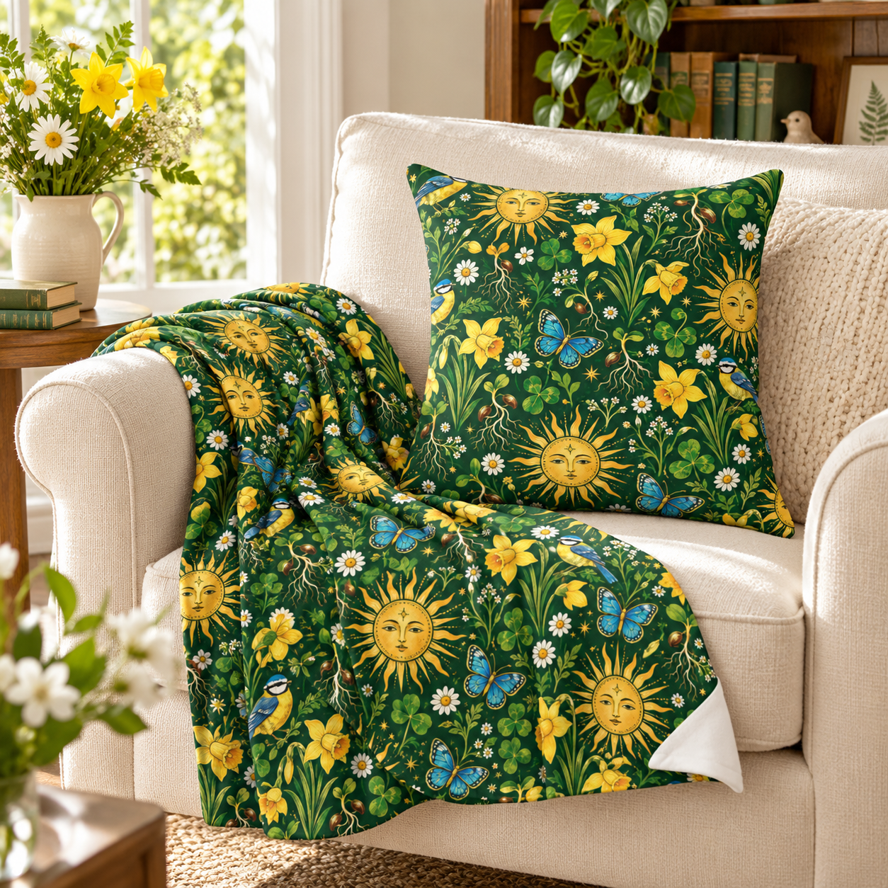 Ostara Sun & Daffodil Faux Suede Pillow – Green Witch Spring Decor