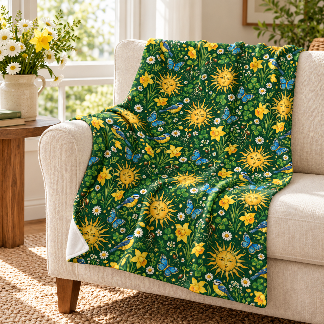 Ostara Sun & Daffodil Velveteen Plush Blanket – Lightweight Green Witch Spring Throw