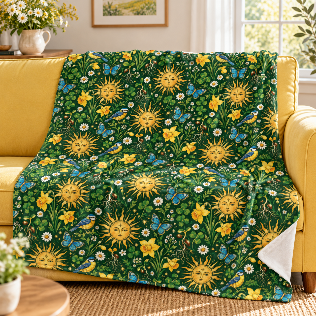 Ostara Sun & Daffodil Velveteen Plush Blanket – Lightweight Green Witch Spring Throw