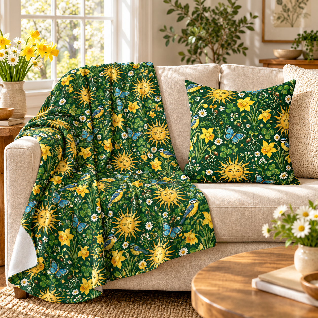 Ostara Sun & Daffodil Velveteen Plush Blanket – Lightweight Green Witch Spring Throw