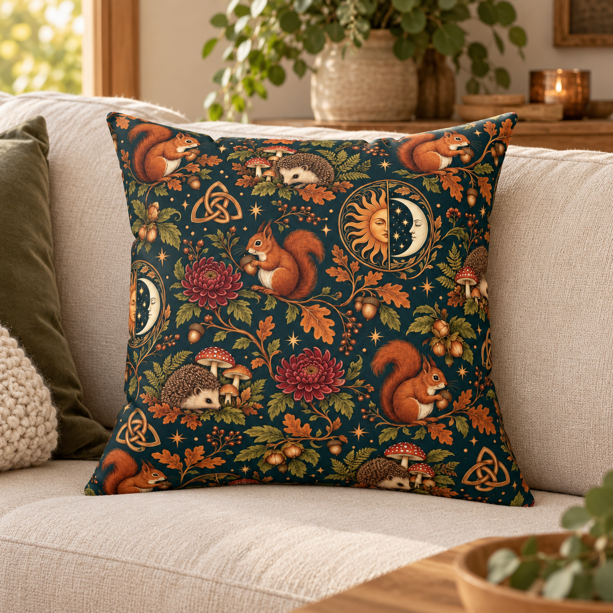 Mabon Squirrel & Hedgehog Faux Suede Pillow – Autumn Woodland Sun & Moon Decor - Divine Mystic Moons