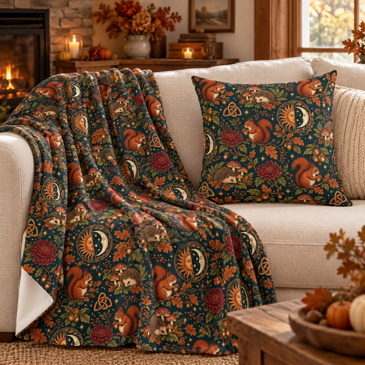 Mabon Squirrel & Hedgehog Faux Suede Pillow – Autumn Woodland Sun & Moon Decor - Divine Mystic Moons