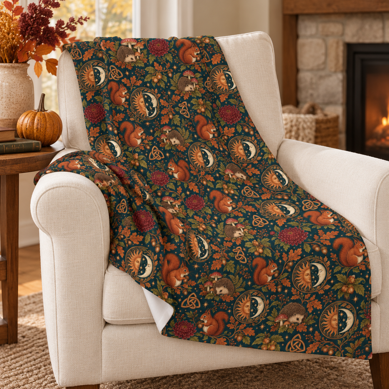 Mabon Squirrel & Hedgehog Velveteen Plush Blanket – Lightweight Autumn Woodland Throw