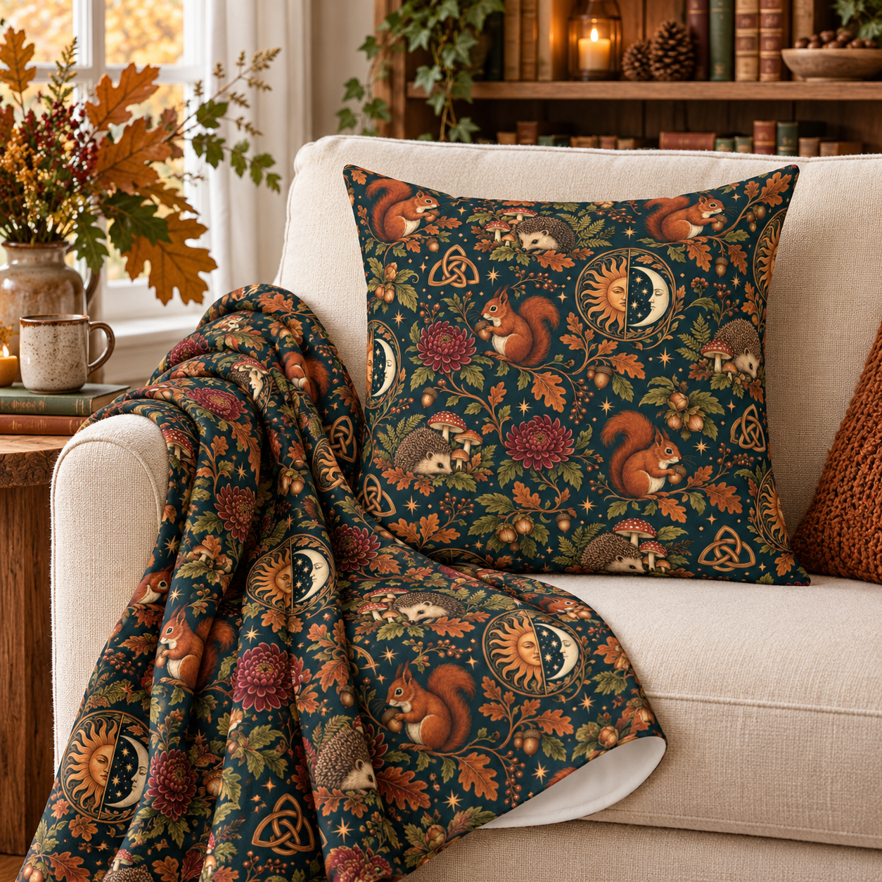 Mabon Squirrel & Hedgehog Velveteen Plush Blanket – Lightweight Autumn Woodland Throw