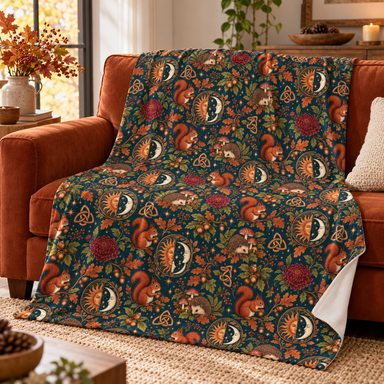 Mabon Squirrel & Hedgehog Velveteen Plush Blanket – Lightweight Autumn Woodland Throw