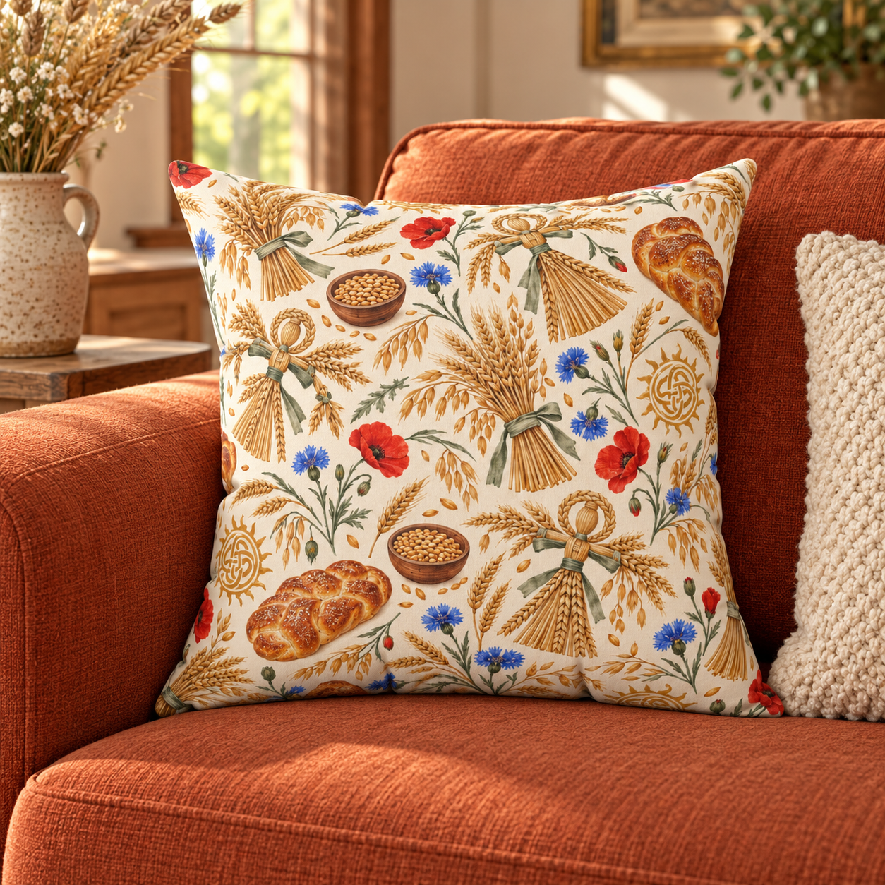 Lughnasadh Wheat & Corn Dolly Faux Suede Pillow – Lammas Harvest Decor