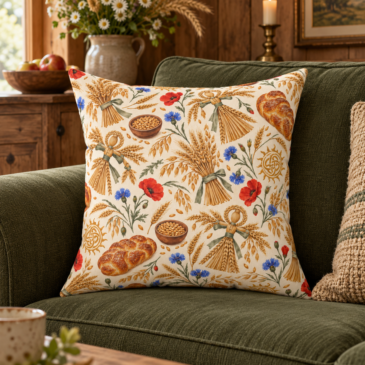 Lughnasadh Wheat & Corn Dolly Faux Suede Pillow – Lammas Harvest Decor
