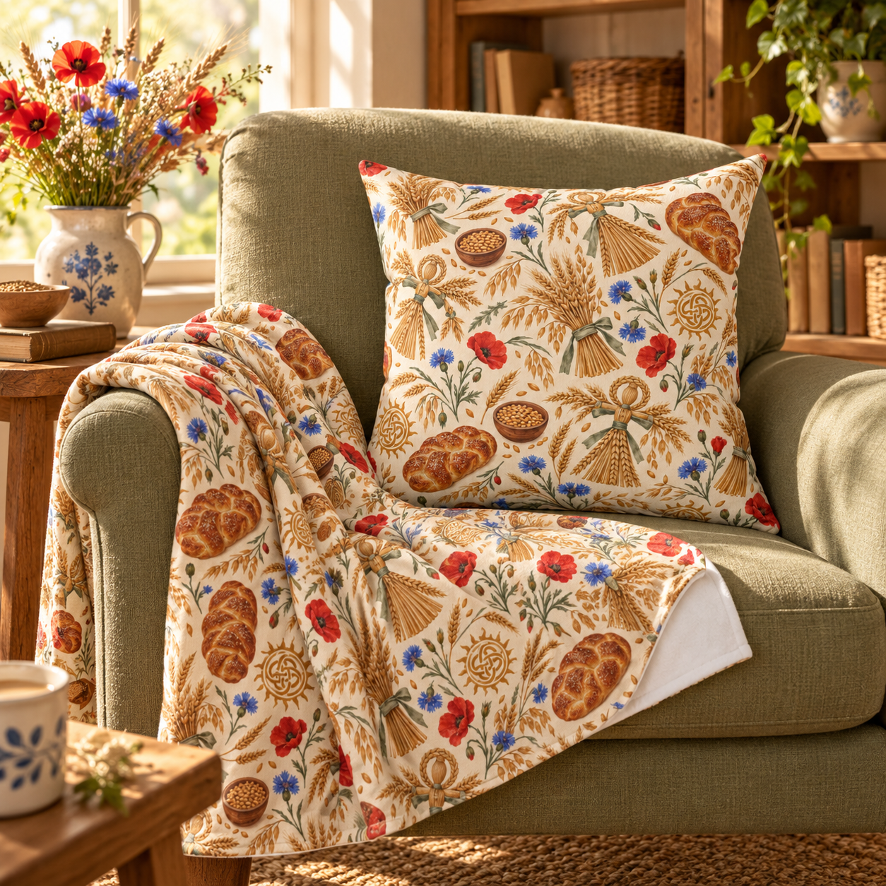 Lughnasadh Wheat & Corn Dolly Velveteen Plush Blanket – Lightweight Lammas Harvest Throw