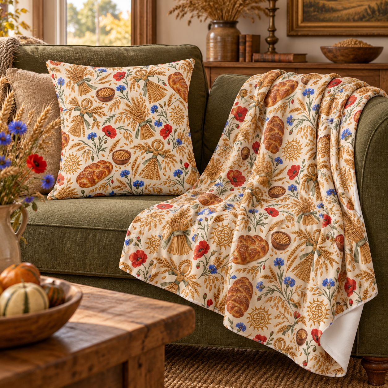 Lughnasadh Wheat & Corn Dolly Velveteen Plush Blanket – Lightweight Lammas Harvest Throw