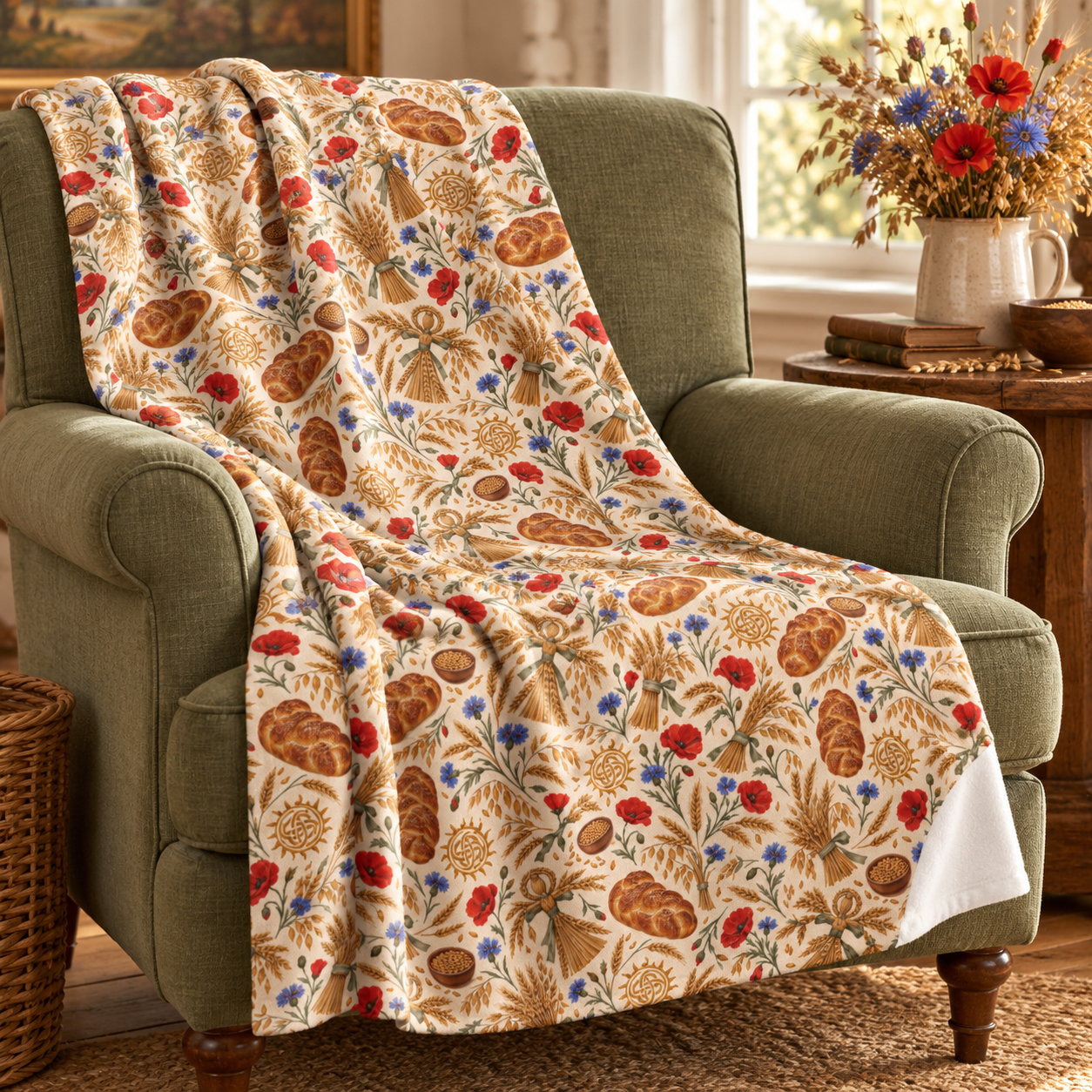 Lughnasadh Wheat & Corn Dolly Velveteen Plush Blanket – Lightweight Lammas Harvest Throw