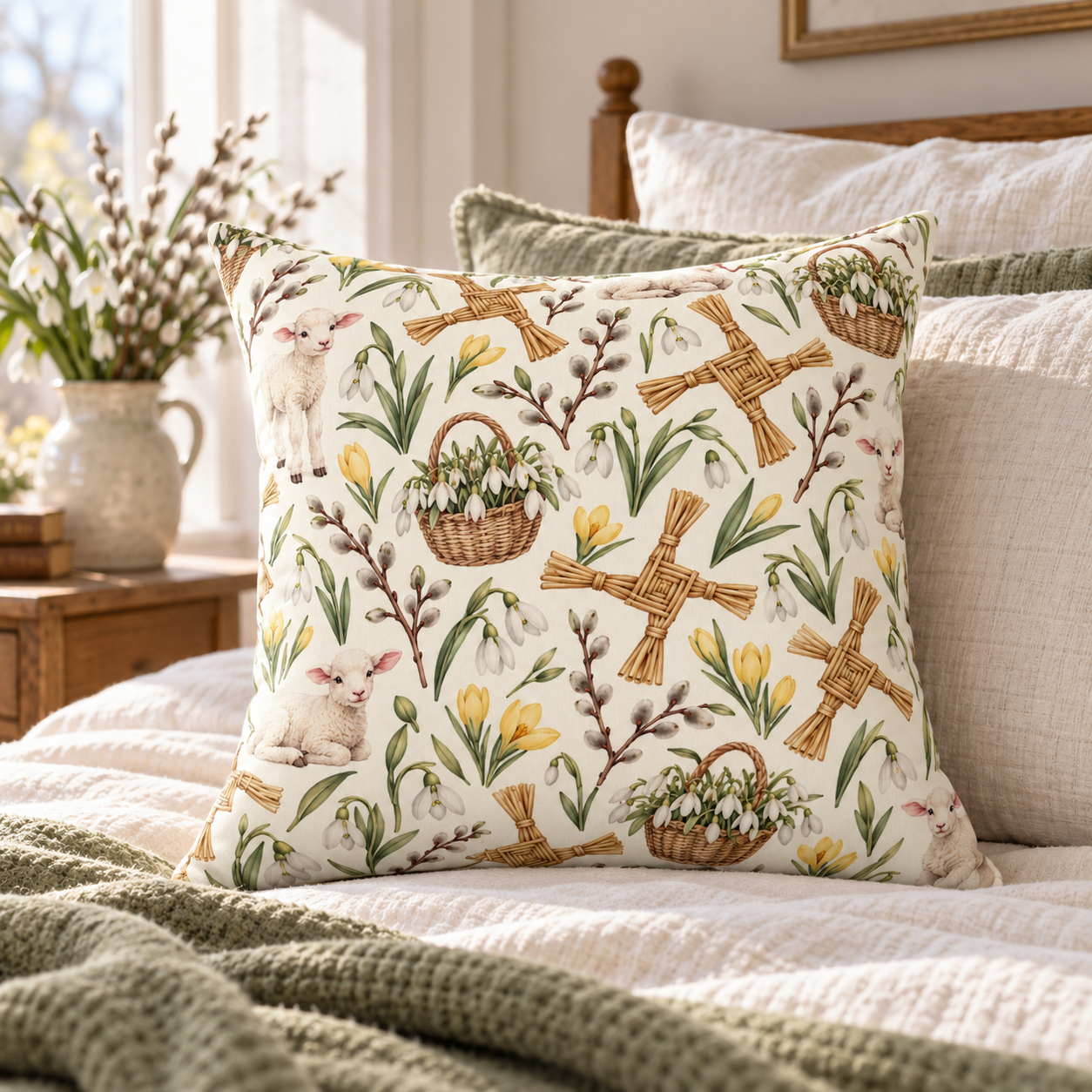 Imbolc Lamb & Brigid’s Cross Faux Suede Pillow | Snowdrop Spring Decor