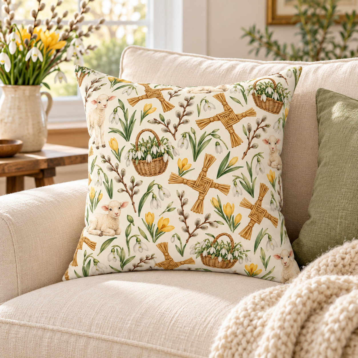 Imbolc Lamb & Brigid’s Cross Faux Suede Pillow | Snowdrop Spring Decor