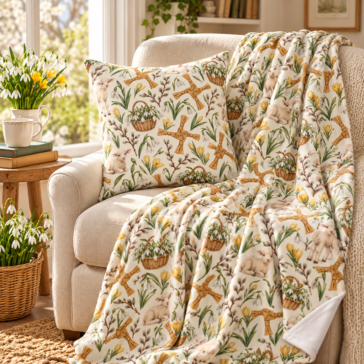 Imbolc Lamb & Brigid’s Cross Velveteen Plush Throw | Lightweight Snowdrop Blanket