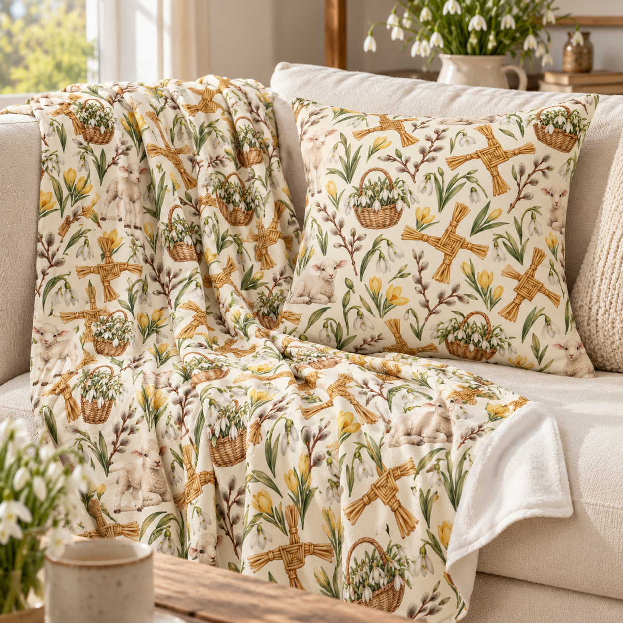 Imbolc Lamb & Brigid’s Cross Velveteen Plush Throw | Lightweight Snowdrop Blanket