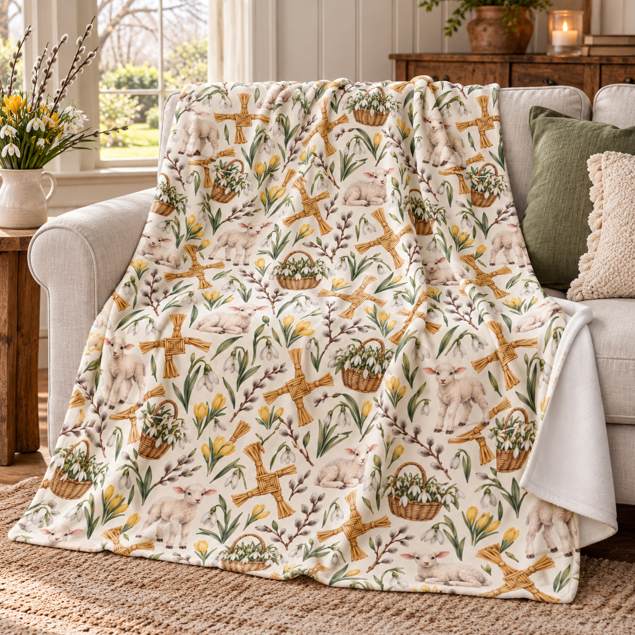 Imbolc Lamb & Brigid’s Cross Velveteen Plush Throw | Lightweight Snowdrop Blanket