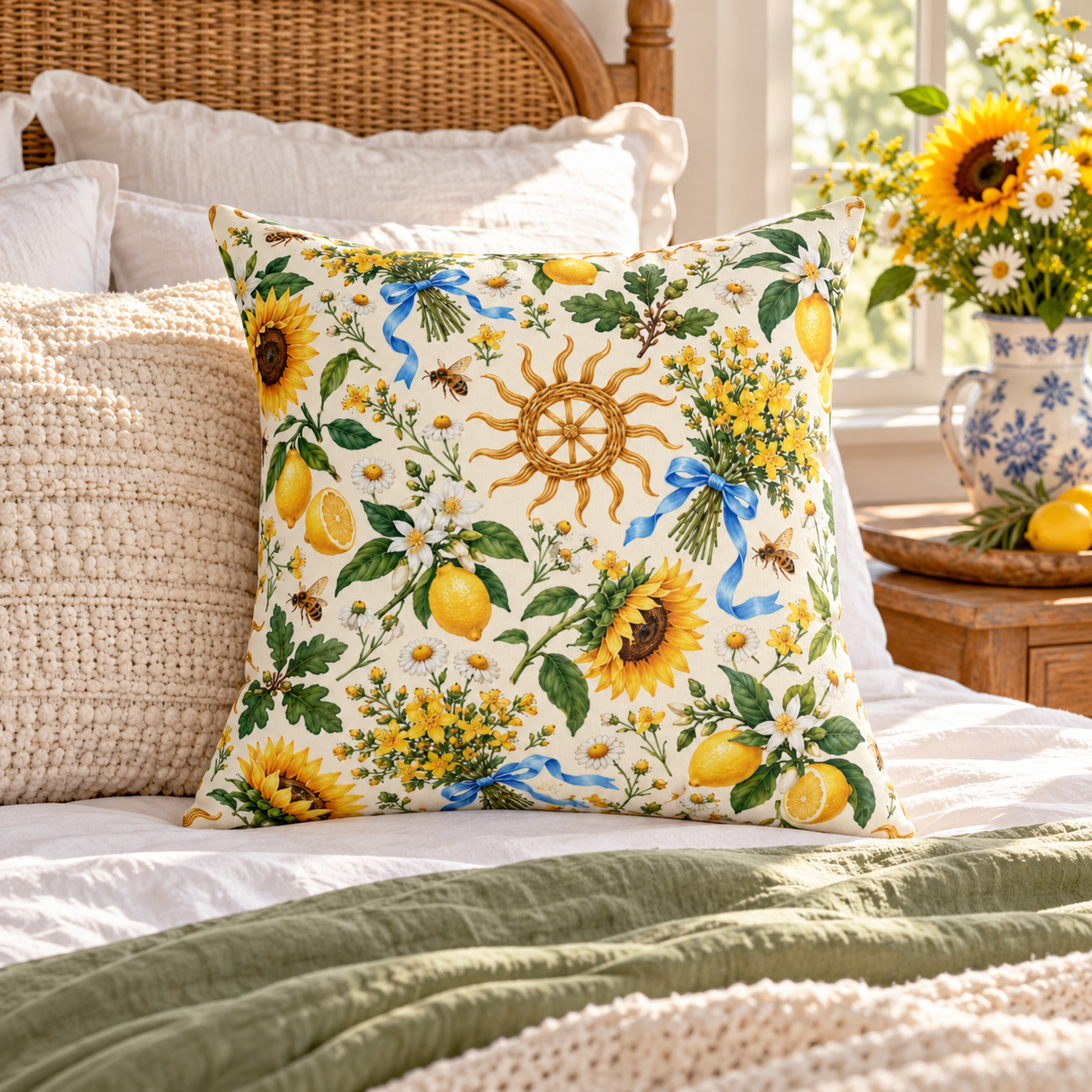 Litha Sunflower & Lemon Faux Suede Pillow | Summer Solstice Pagan Decor