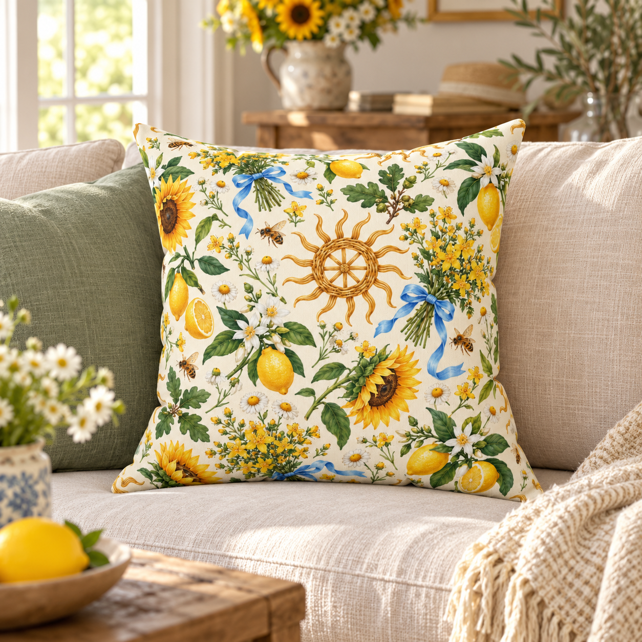 Litha Sunflower & Lemon Faux Suede Pillow | Summer Solstice Pagan Decor