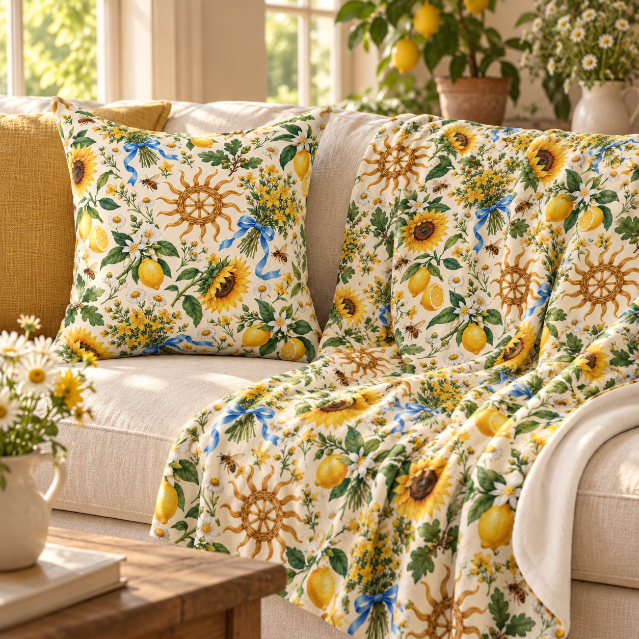 Litha Sunflower & Lemon Faux Suede Pillow | Summer Solstice Pagan Decor