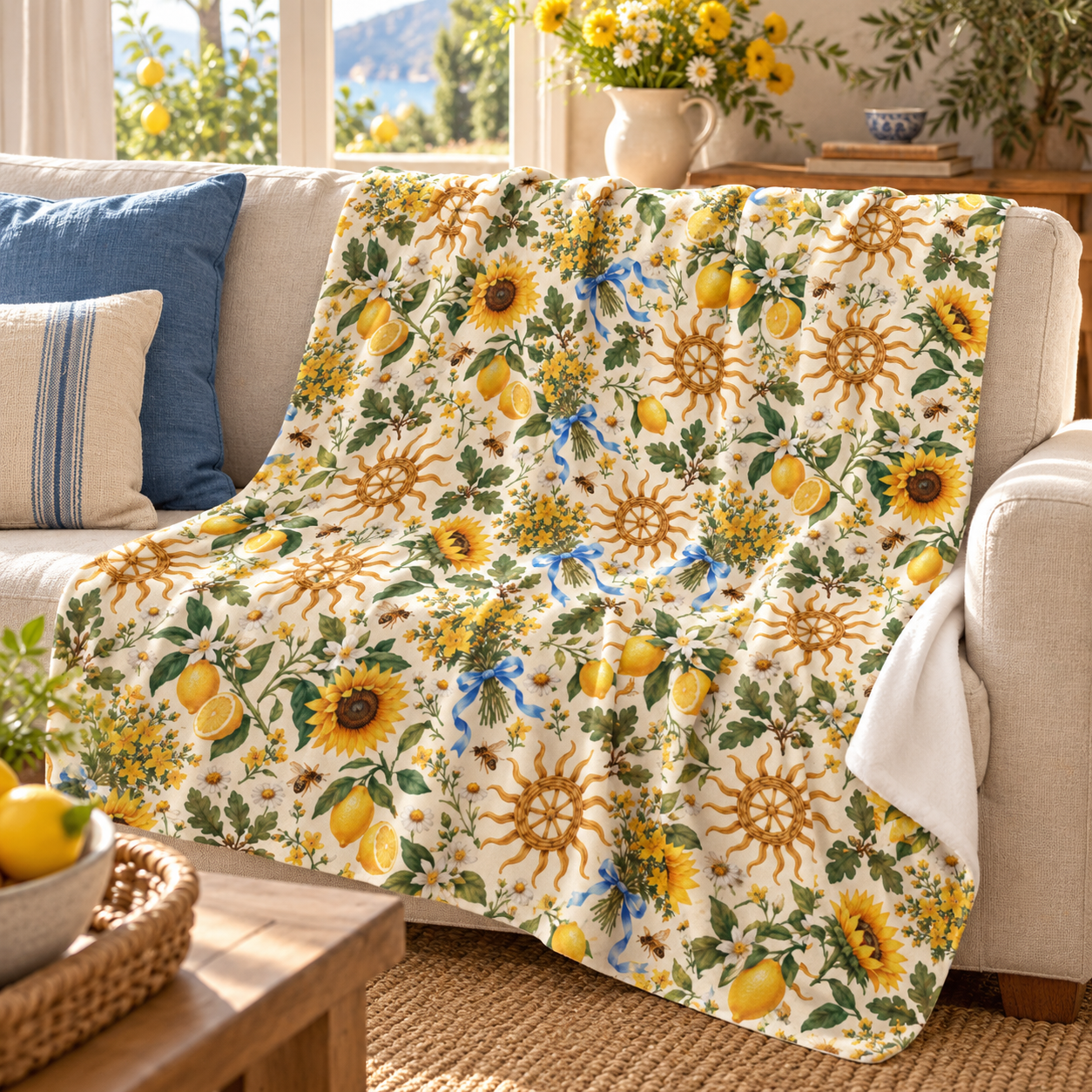 Litha Sunflower & Lemon Velveteen Plush Throw | Lightweight Summer Solstice Blanket