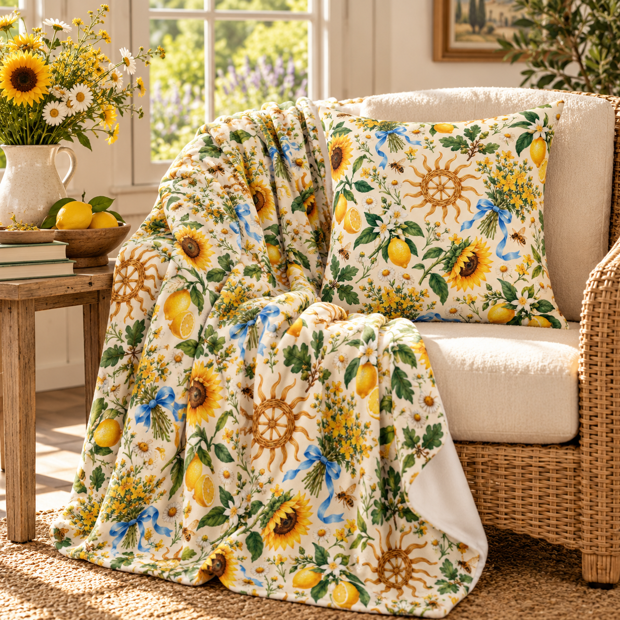 Litha Sunflower & Lemon Velveteen Plush Throw | Lightweight Summer Solstice Blanket