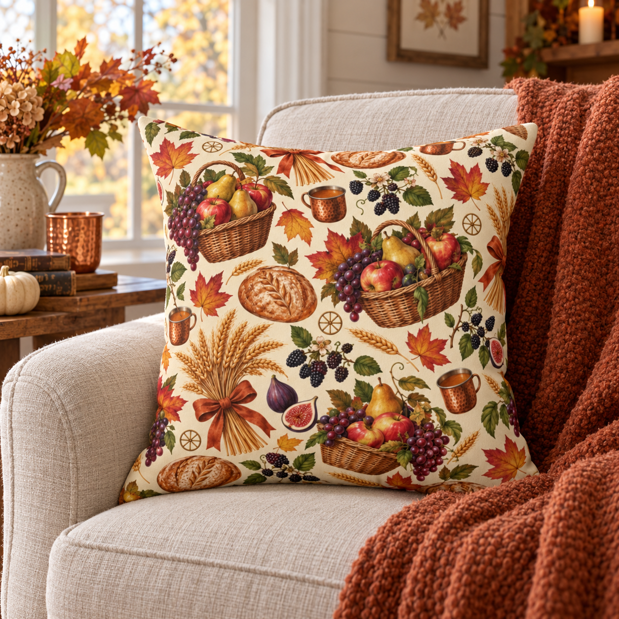 Mabon Harvest Basket Faux Suede Pillow | Autumn Equinox Pagan Decor