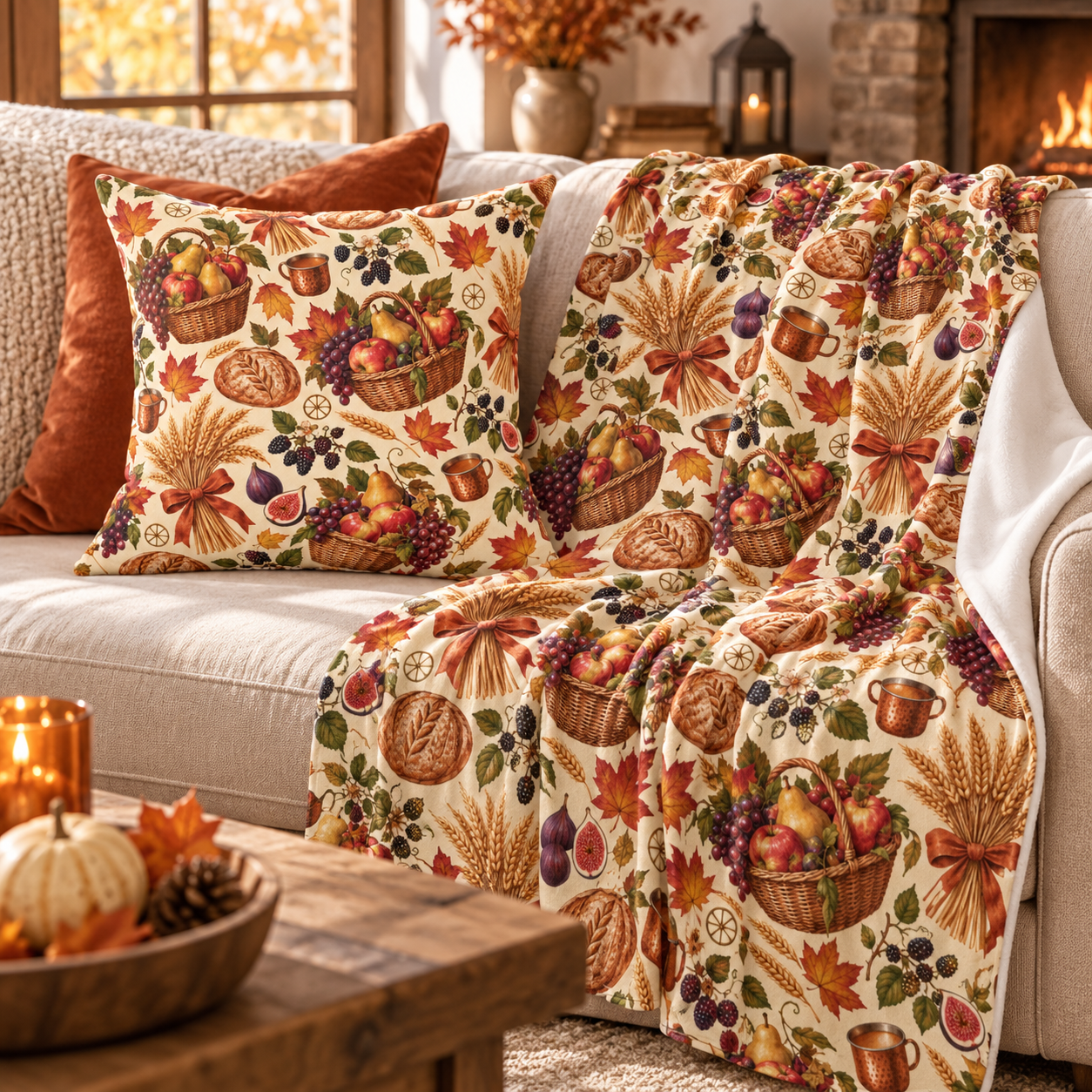 Mabon Harvest Basket Velveteen Plush Throw | Lightweight Autumn Equinox Blanket - Divine Mystic Moons