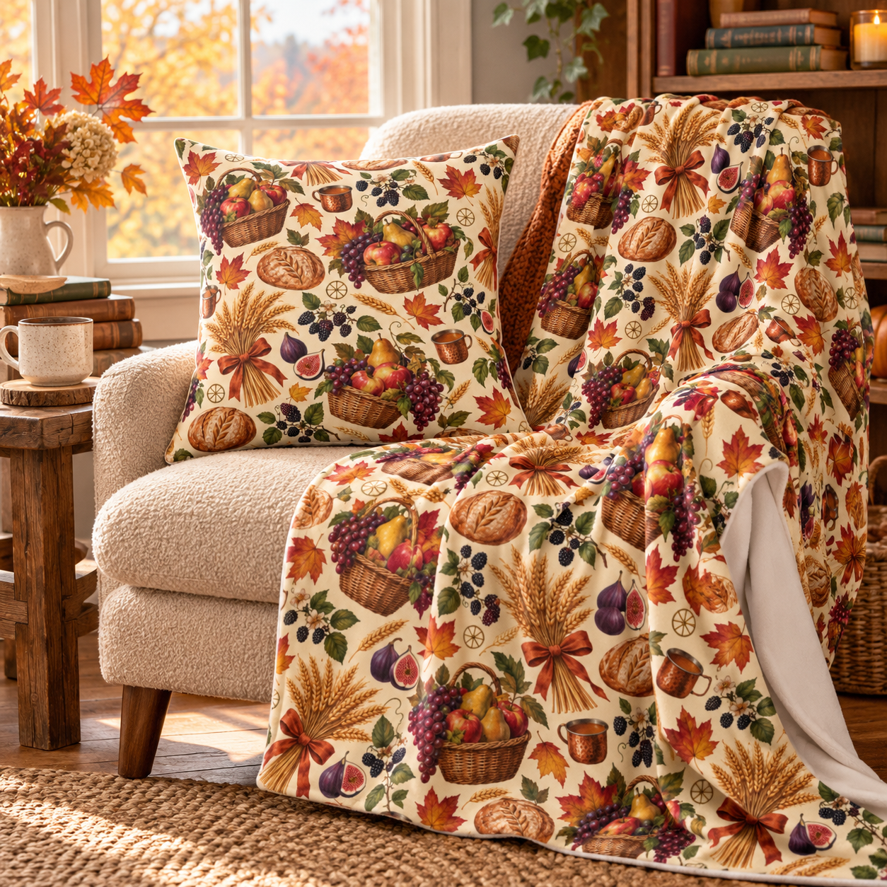 Mabon Harvest Basket Velveteen Plush Throw | Lightweight Autumn Equinox Blanket - Divine Mystic Moons