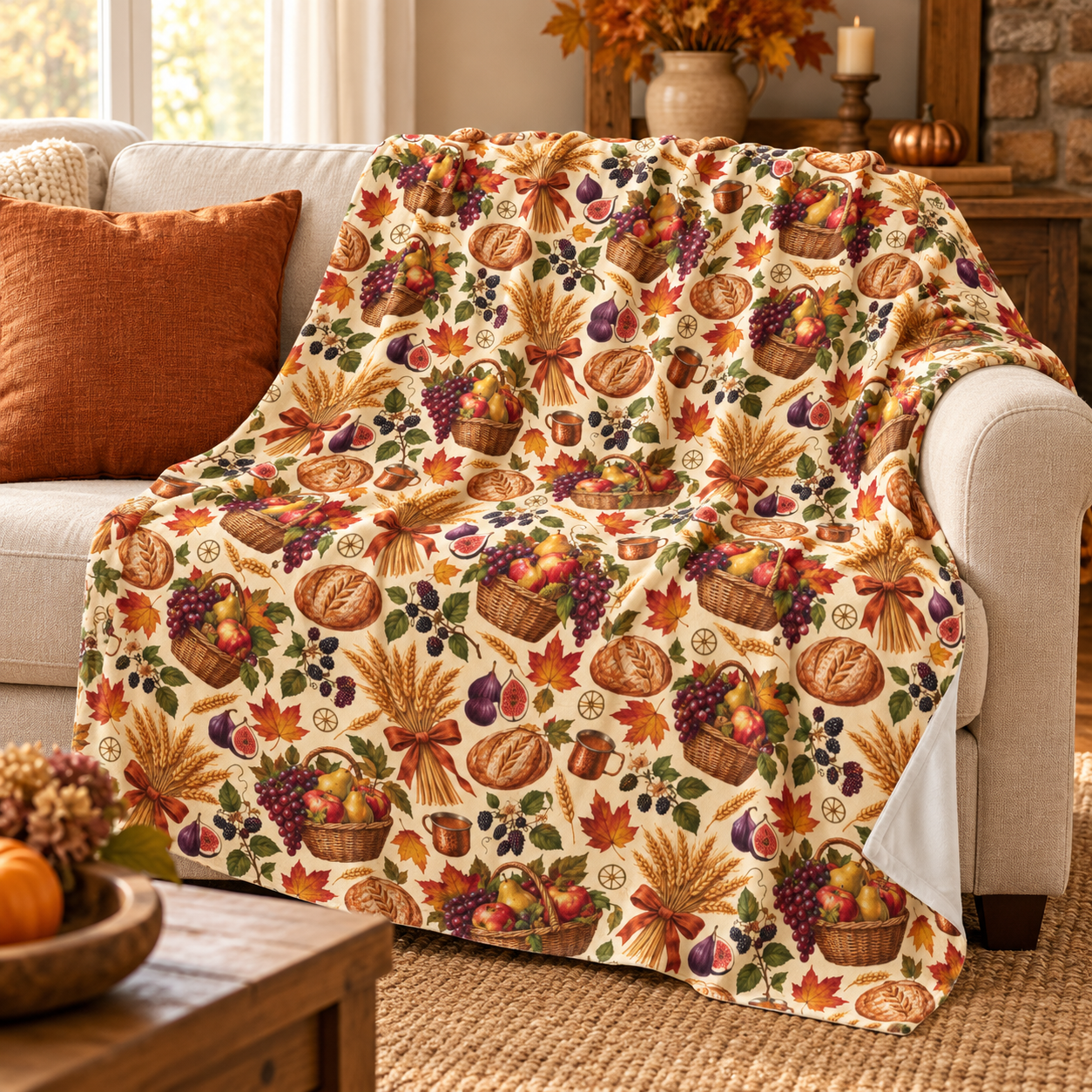 Mabon Harvest Basket Velveteen Plush Throw | Lightweight Autumn Equinox Blanket - Divine Mystic Moons