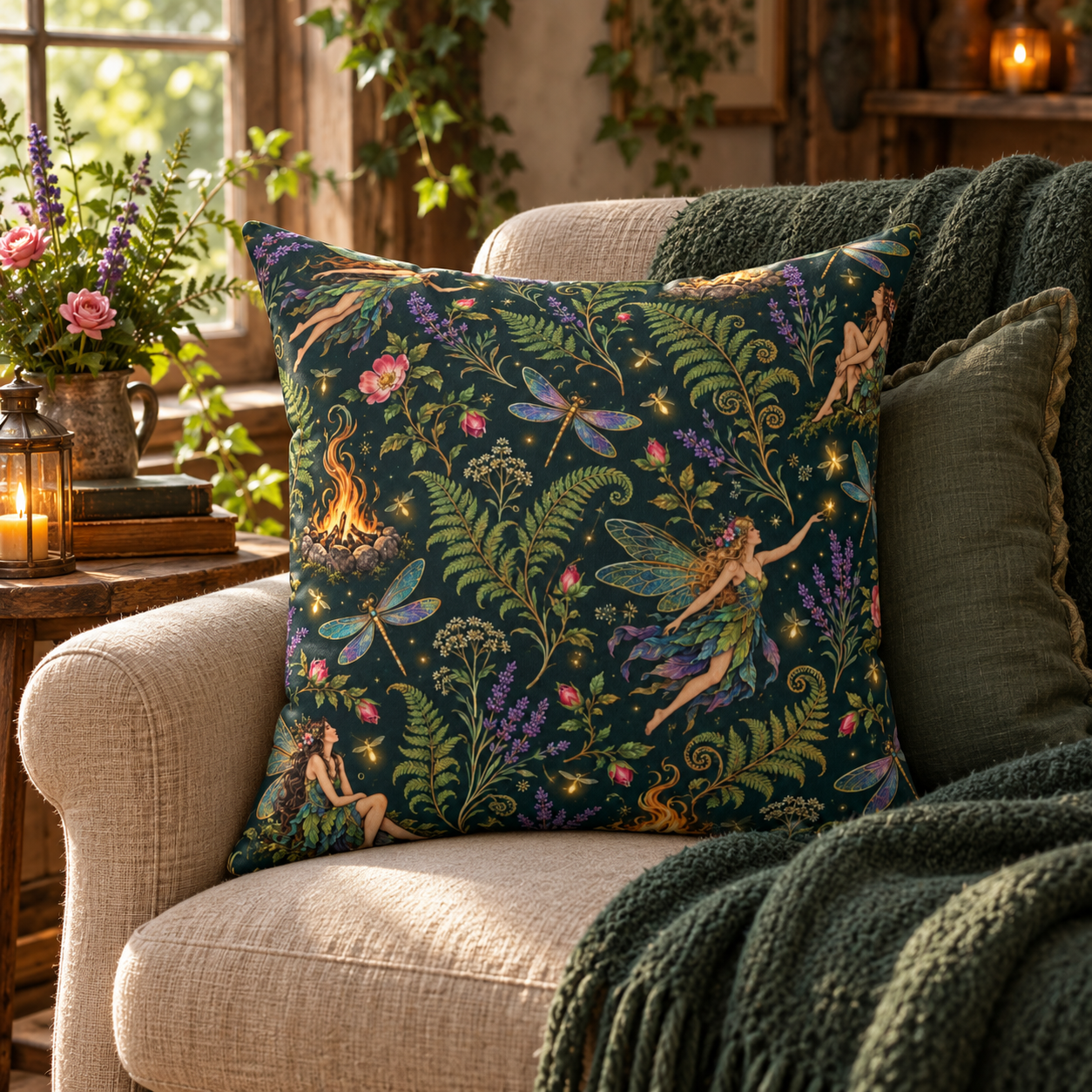 Beltane Fairy & Dragonfly Faux Suede Pillow | Enchanted Woodland Pagan Decor