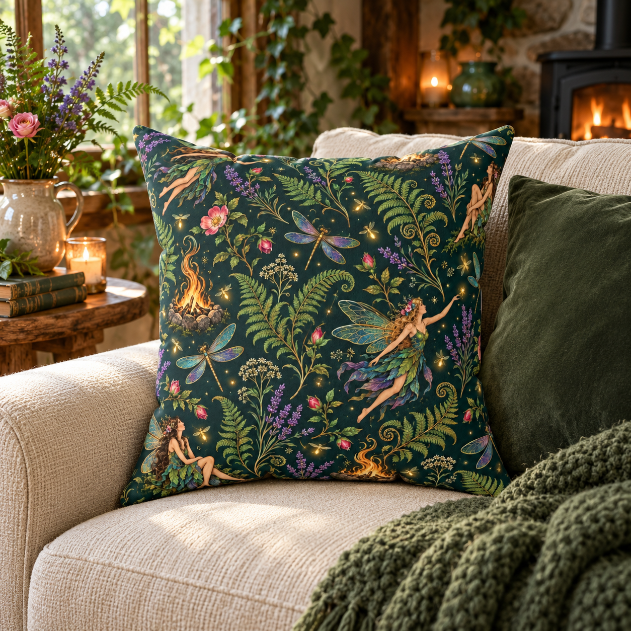 Beltane Fairy & Dragonfly Faux Suede Pillow | Enchanted Woodland Pagan Decor
