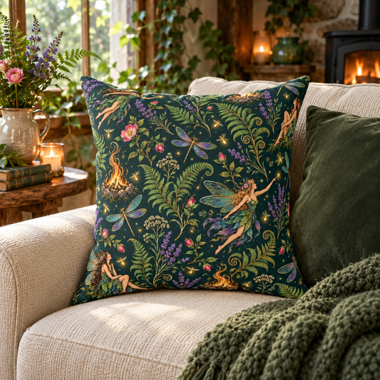 Beltane Fairy & Dragonfly Faux Suede Pillow | Enchanted Woodland Pagan Decor