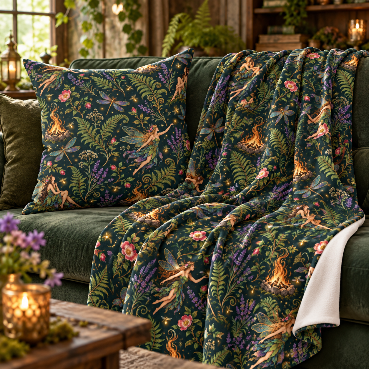 Beltane Fairy & Dragonfly Velveteen Plush Throw | Lightweight Enchanted Woodland Blanket
