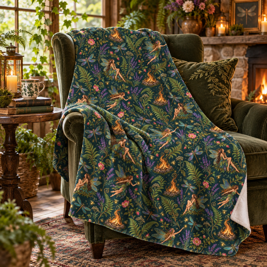 Beltane Fairy & Dragonfly Velveteen Plush Throw | Lightweight Enchanted Woodland Blanket