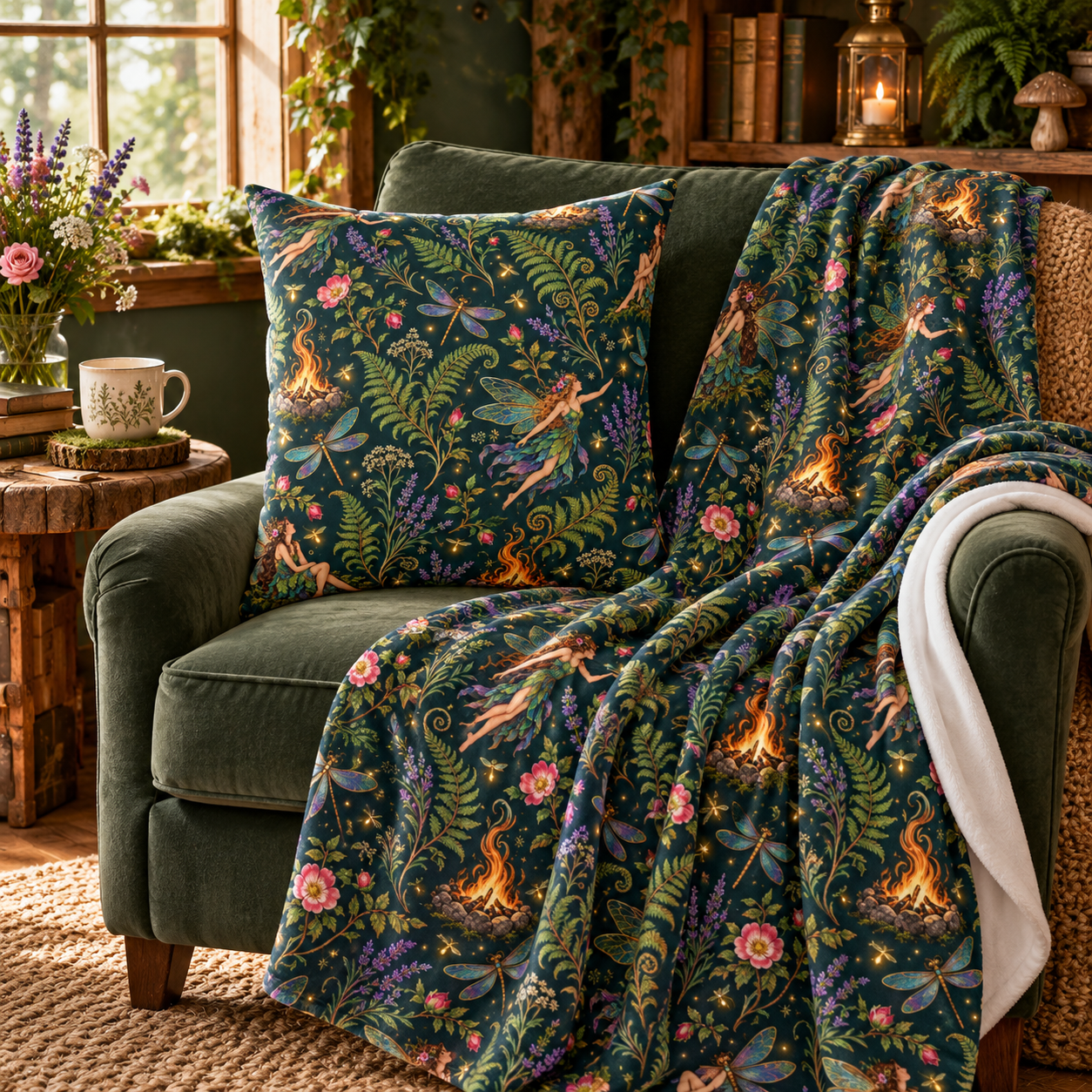 Beltane Fairy & Dragonfly Velveteen Plush Throw | Lightweight Enchanted Woodland Blanket