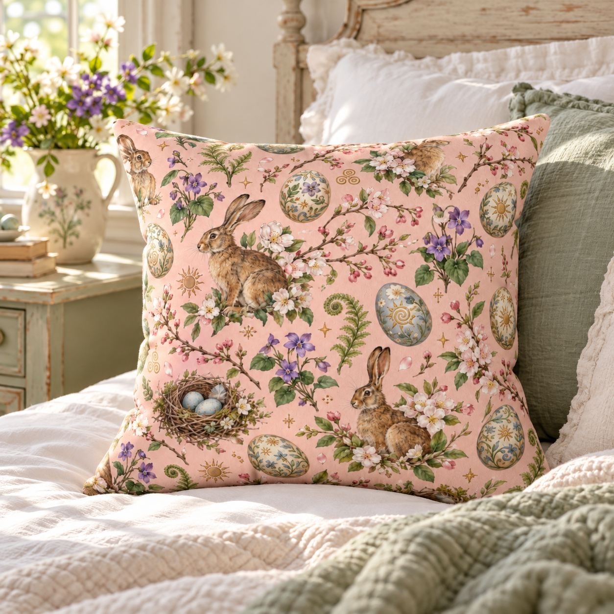 Ostara Rabbit & Spring Egg Faux Suede Pillow | Pink Spring Equinox Decor