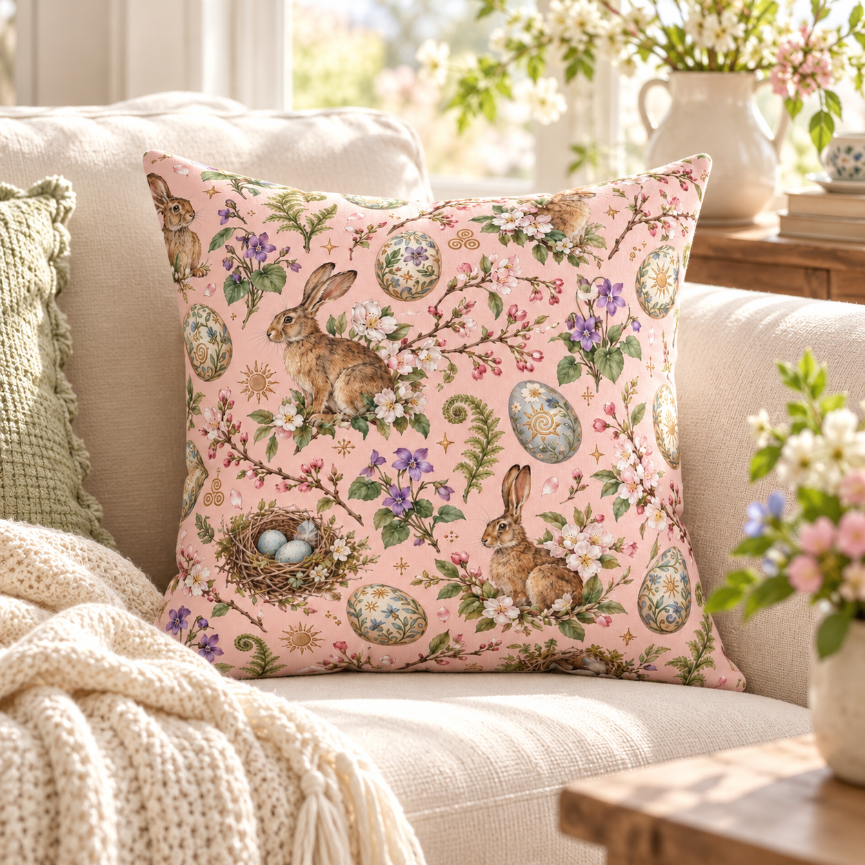 Ostara Rabbit & Spring Egg Faux Suede Pillow | Pink Spring Equinox Decor