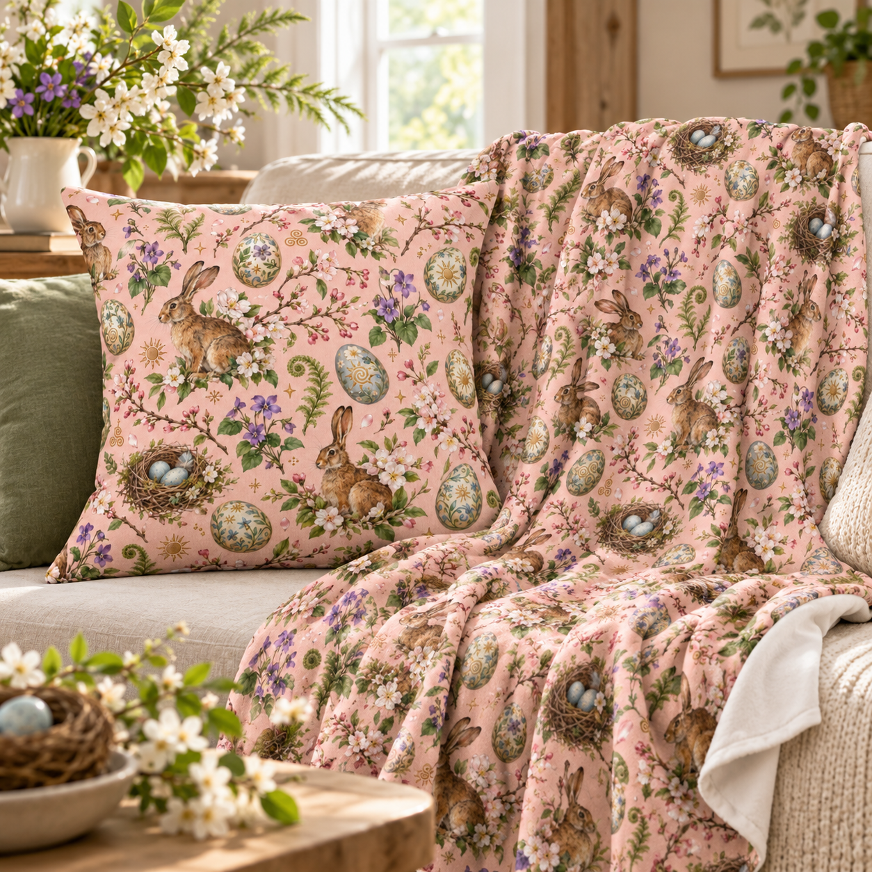 Ostara Rabbit & Spring Egg Faux Suede Pillow | Pink Spring Equinox Decor