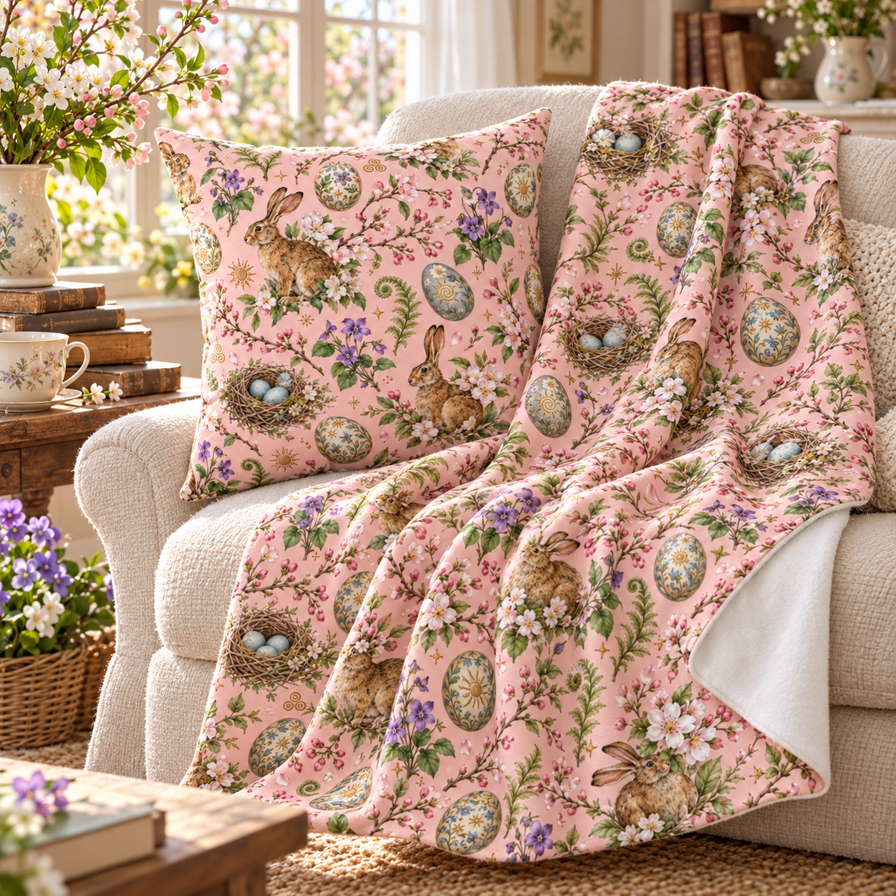 Ostara Rabbit & Spring Egg Faux Suede Pillow | Pink Spring Equinox Decor